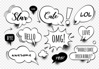 A set of comic speech bubbles and elements with halftone shadows