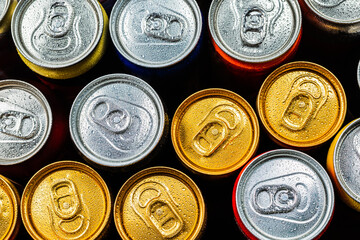 Group of aluminium cans, cold drink. Top view.