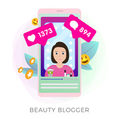 Beauty Blogger Showing Latest Makeup Trend Tutorials vector icon. Cute Girl Female blogger makes a fashion video content, make up in front of a mirror for skin care. Online Channel Isolated Concept