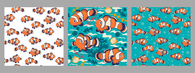 Set of seamless patterns with clown fish. Vector graphics.