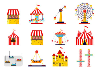 Amusement park flat icons set with family attractions isolated. Architecture entertainment elements for family rest in the park.