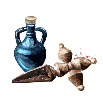 Witch's bottle and  ritual knife. Witchcraft, Magic, Occult and esoteric concept. Hand drawn watercolor illustration isolated on white background