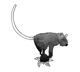 Ink-drawn cartoon Tasmanian devil on white background. Creative ink spot