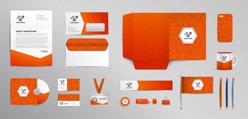 Home repair mockup set of stationery corporate Brand identity. Bright yellow and white color. Working tools, building, construction, renovation. Annual report cover, brochure, corporate mug.