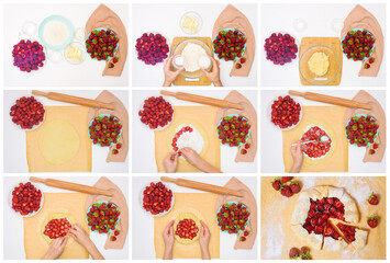 step by step recipe the process of making galetta with strawberries at home, top view on a light background, ingredients for strawberry pie