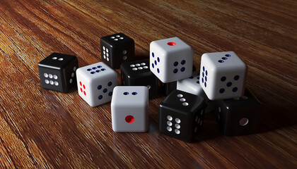 Black and white dices on wooden surface