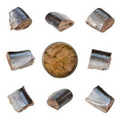 Set of canned saury pieces isolated on white background.