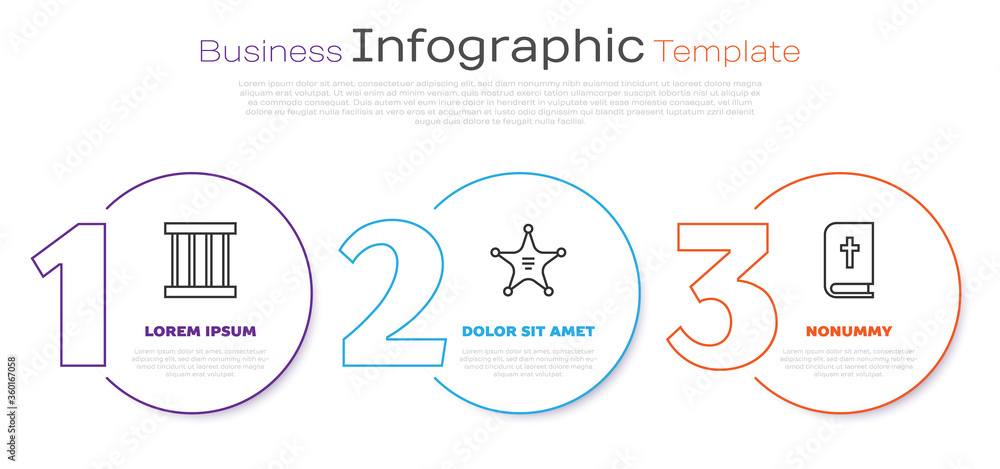 Sticker Set line Prison window, Hexagram sheriff and Holy bible book. Business infographic template. Vector.