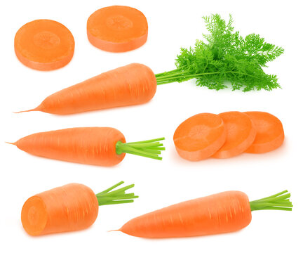 Set of fresh whole and cutted carrots isolated on a white background.