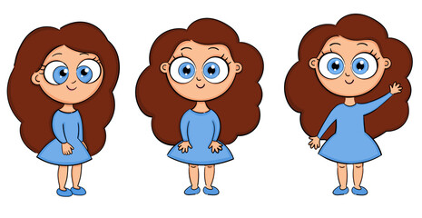 Cute cartoon girl vector illustration on a white background. Hand drawn beautiful, romantic girl for children books, greeting cards, fashion artwork, prints, stickers, t-shirts, apparel or other uses.