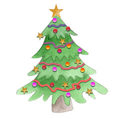 Decorated watercolor Christmas tree illustration