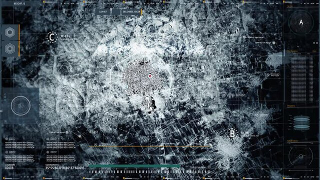 Satellite Camera Scans Map in Syria Idlib City Radar Detects the Target Object Found Screen Interface With Data