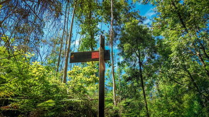 Signs footpaths trails in Esposende, Portugal. Hiking trail sigh. Hiking route wooden sign at Valinhas, Santo Tirso, Portugal.