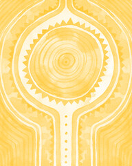 Yellow symmetrical tribal abstract watercolor background. Hand painted ornate backdrop texture.