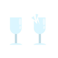 Broken glass. Wineglass set for wine. Crack and splinter. Damaged Cup. Bar and restaurant element. Blue fragile object. Cartoon flat illustration