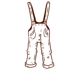 Overalls for the worker. Denim Clothing with pockets. The gardener and farmer element. Drawn cartoon illustration