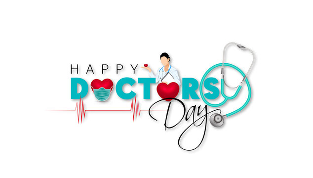Doctor's Day.lettering of happy doctor's day with symbol of heart, and cross on white background.
