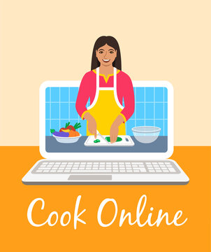 Online Culinary Class. Young Indian Woman In Apron Cuts Fresh Vegetables For Salad. Preview On Laptop Screen. Cooking Video Tutorial On Internet. Flat Vector Cartoon Illustration