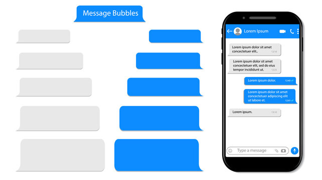 Message speech bubble for text on phone. Mockup sms chat, conversation for mobile. Smartphone chatting with text box. Chat bubble UI. Messenger template isolated background. design vector