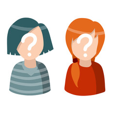 Woman with question mark. Unknown person. Social network avatar. Cute character. Young red hair girl. Flat cartoon illustration