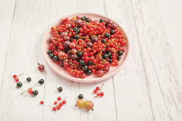 Colorful fresh berries on white background. Top view. Summer Organic Berry Cherry, Currant, Gooseberry. Agriculture, Gardening, Harvest Concept. Vitamins, Diet. Copy space. Healthly food, detox
