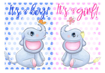Baby Shower greeting card with Cute Elephant boy and girl