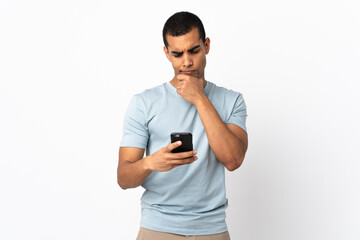 African American man over isolated white background thinking and sending a message