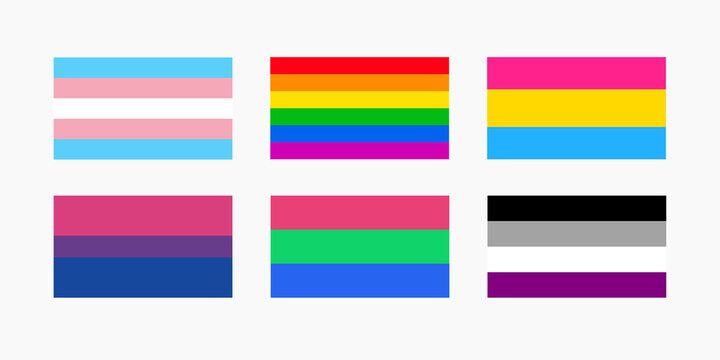 Set flag of pansexual, bisexual, gay, transgender, polisexual and asexual. Vector illustration