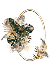 oval frame with tropical leaves - golden ferns, monstera, bamboo and palm leaves