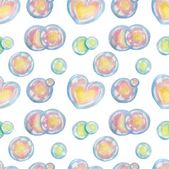 Soap suds bubbles in blue, pink and green colors. Seamless pattern. Hello summer, children toy, childhood, foam, water, sphere, heart love. Watercolor hand drawn illustrations in realistic style