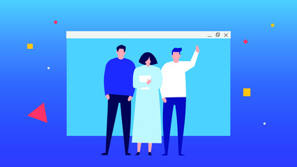 there are three people, one holding documents in his hand, another is holding his hand up, in the background is a window web browser,illustration,cartoon.