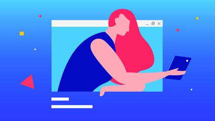 the young lady sits in the icon, and holds the tablet in her hand, through the parts there are geometric figures,illustrator,girl with red hair,web browser icon.
