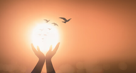 World mental health day concept: Silhouette prayer praise God and bird flying on blurred candle...