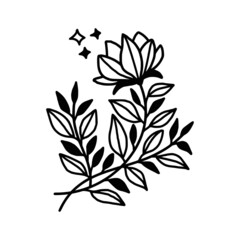 Hand drawn monochrome flower plant, leaf, and foliage element for wedding invitation, floral logo, symbol, greeting cards, decor, botanical icon, or banner. Summer, spring, and autumn botany element