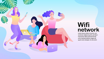 People in free internet zone using mobile gadgets. group of people with different poses. Vector illustration in flat style.