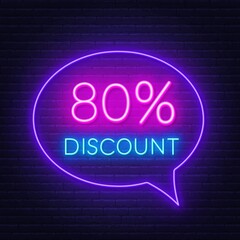 80 percent discount neon sign on brick wall background. Vector illustration