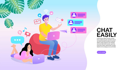 A young couple chats online, using laptops in a relaxed home environment. Social media icons for messaging and likes illustrate a modern digital lifestyle, communication, and remote work for friends.