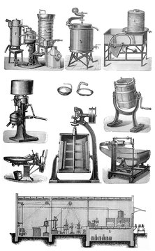 butter factory (butter machines) / Antique engraved illustration from Brockhaus Konversations-Lexikon 1908	