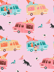 Naklejka premium Bright summer vector seamless pattern with ice-cream trucks at the street, girl, cat and birds