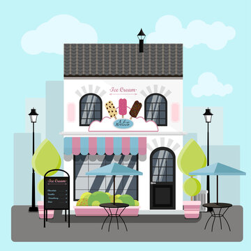 Facade of an ice cream parlor with a summer outdoor terrace. Vector illustration of restaurant ice cream, Gelato, Popsicle and balls with fruit, chocolate and vanilla flavors. A building with a