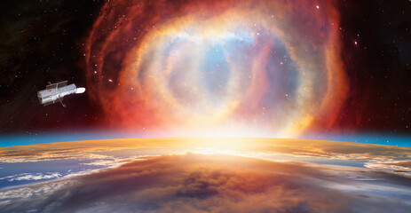 Planet earth with supernova explosion with Hubble Space Telescope - Deep space abstract sci-fi backgrounds  "Elements of this image furnished by NASA"