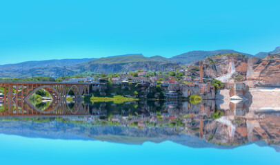 Sunken town of Hasankeyf under dam waters - Panorama of the city of Hasankeyf in eastern Turkey -...