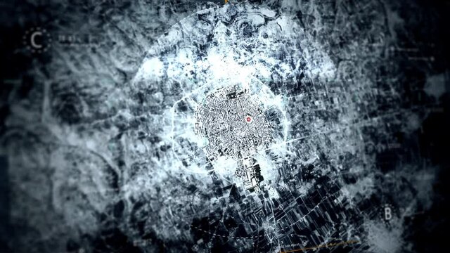 Satellite Camera Tracking Location in Syrian City Computer Screen Interface With Data Radar Detects the Object at the Map