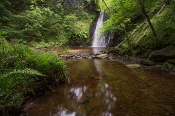 Large cascading waterfall tumbling into a peaceful pool. Falling foss waterfall, Yorkshire Dales 