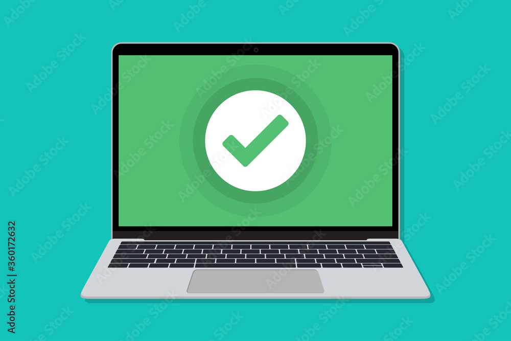 Fototapete Laptop with check mark window in a flat design. Mockup of check for laptop in a flat design