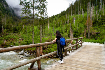 Girl travels to the mountains. Hiking. High mountains in summer on a rainy day. Тatras.