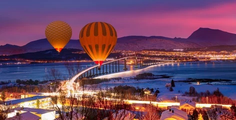 Raamstickers Hot air balloon flying over arctic city of Tromso in Northern Norway - Tromso, Norway  © muratart
