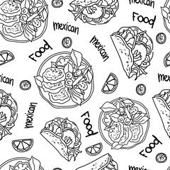 stock vector seamless pattern of mexican food in doodl style. Mexican national traditional food  flat icon made in pattern. Perfect for for web site, applications.Perfect funny vector background.