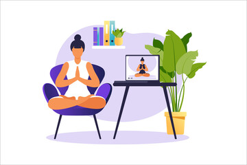 Yoga online concept with healthy woman doing yoga exercise at home with online instructor. Wellness and healthy lifestyle at home. Woman doing yoga exercises. Vector illustration.