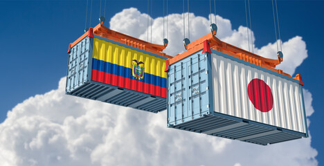 Freight containers with Japan and Ecuador flag. 3D Rendering 